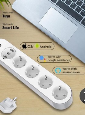 Tuya WiFi Power Strip With 1.5m Cable 4 EU Plug 3 USB Chargi