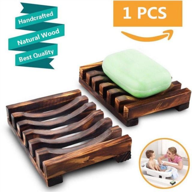 Natural Wooden Soap Dishes Tray Holder Storage Non-slip Soap