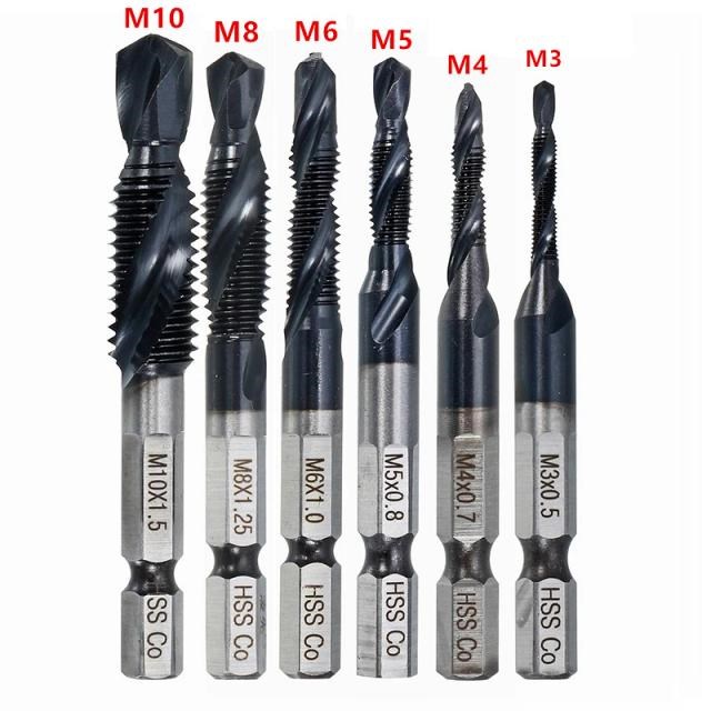 6Pcs HRC89 M3-M10 Combination Drill Tap Bit Set HSS-Co TiAlN