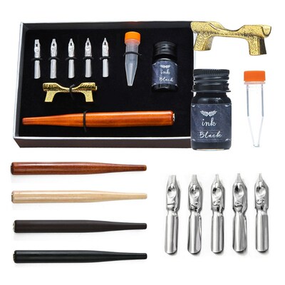 1 Set Retro Calligraphy Fountain Dip Pen with 5 Nibs Ink Kit