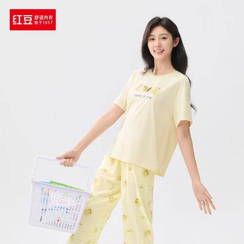 红豆夏季薄款棉氨女短袖长裤睡衣