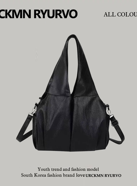 ZAR FENDEN高质感斜挎包托特包复古油蜡皮纯色黑色大容量单肩包包