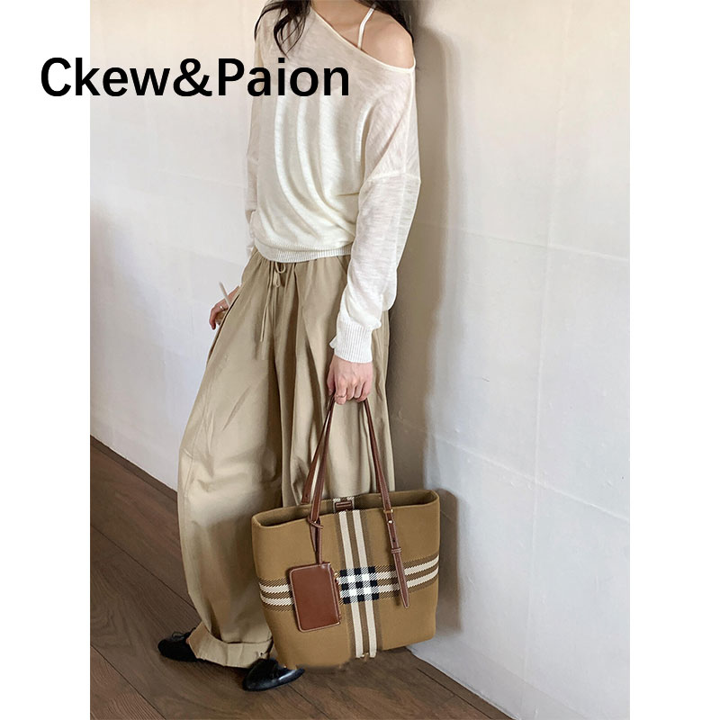 CKEWPAION轻奢高级感格纹水桶包女2026新款大容量通勤单肩托特包