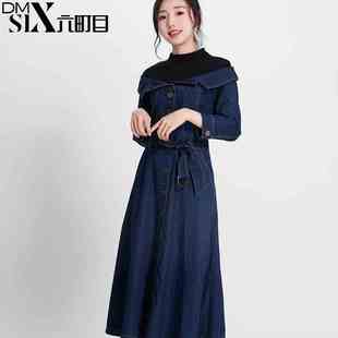 六町目春新款半高领撞色拼接显瘦腰带牛仔连衣裙