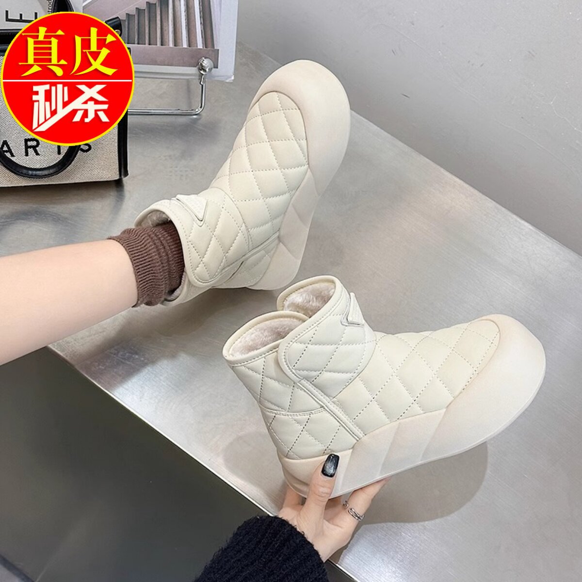 真皮加绒雪地靴女2023冬季新款厚底松糕短靴纯美百搭套筒面包棉鞋