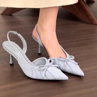 小众蓝色高跟鞋法式包头凉鞋仙女鞋子2025春夏季蝴蝶结配裙子单鞋