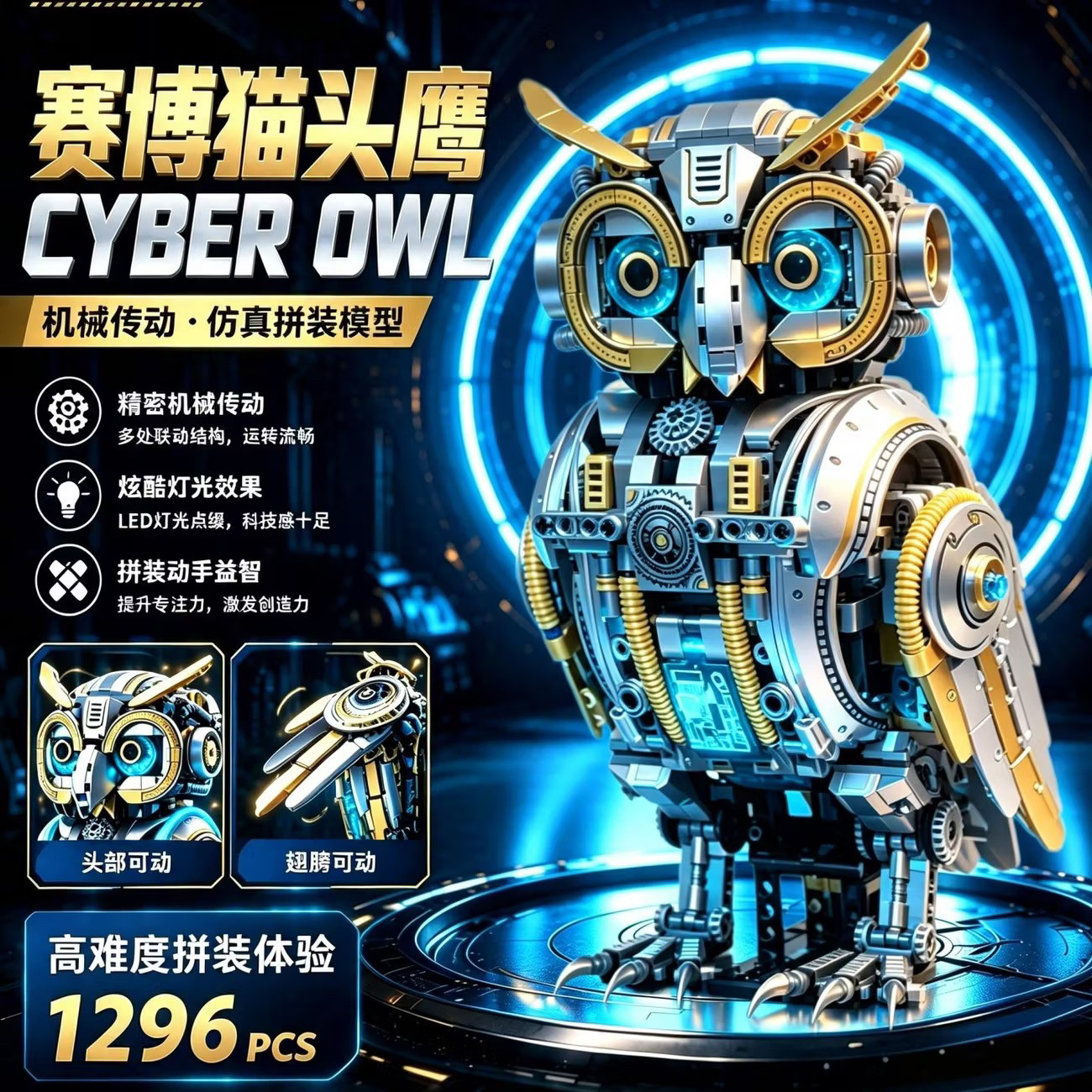 赛博朋克猫头鹰电动拼装积木