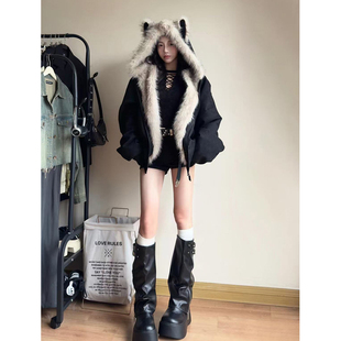 座山雕毛茸茸毛领棉服外套男女加绒加厚夹克美式cleanfit冬季棉衣