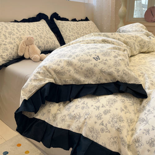 深度sleep法式复古全棉床上四件套纯棉被套花边床单床笠款三件套