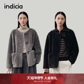 indicia标记羊羔毛短款 咖色牛角扣女厚外套2025春冬新款 L2D5WT259