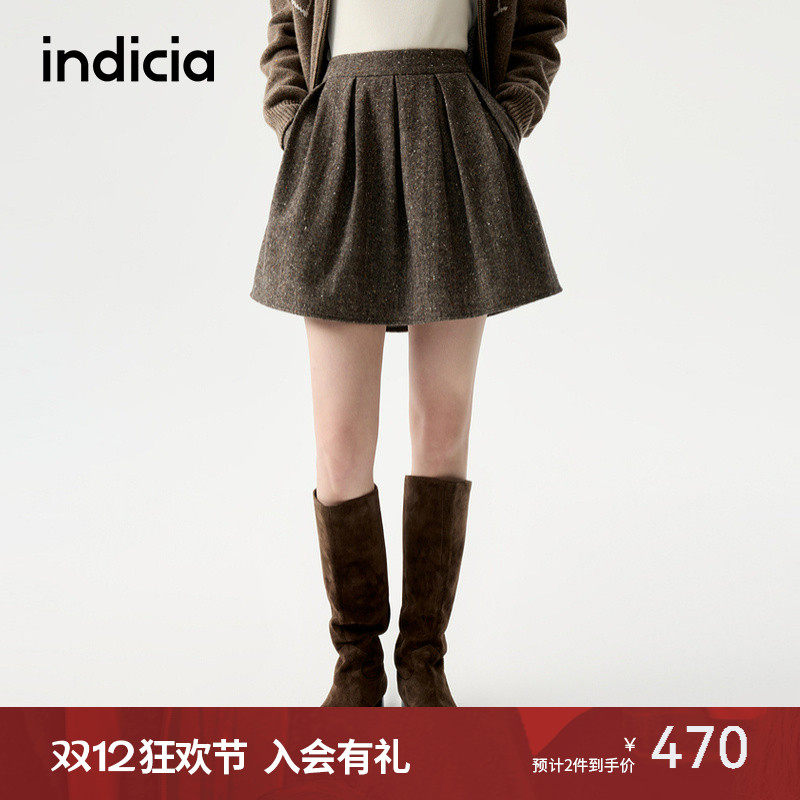 indicia标记25冬新款A字miu系拼接百褶半身裙花苞短裙L2D5QZ213