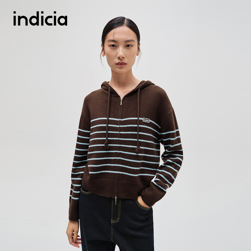 indicia标记韩系条纹慵懒感开衫