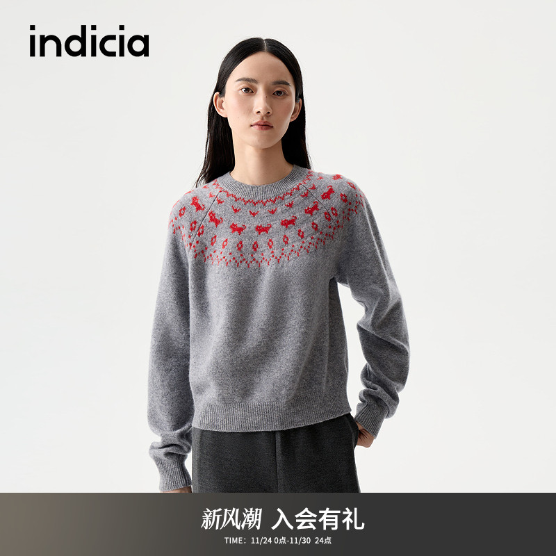 indicia标记25冬新款费尔岛小猫提花冰岛毛衣可爱学院风L2D5MS241