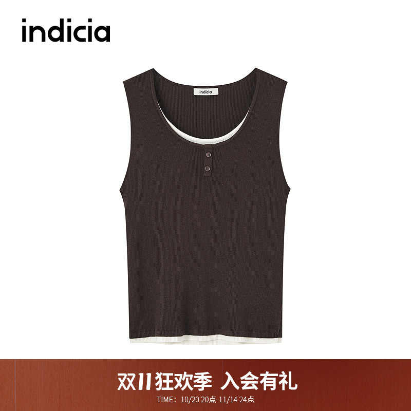 indicia标记商场同款2025秋新撞色假两件设计针织背心F2C5BX409C