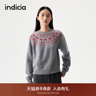 indicia标记25冬新款 费尔岛小猫提花冰岛毛衣可爱学院风L2D5MS241