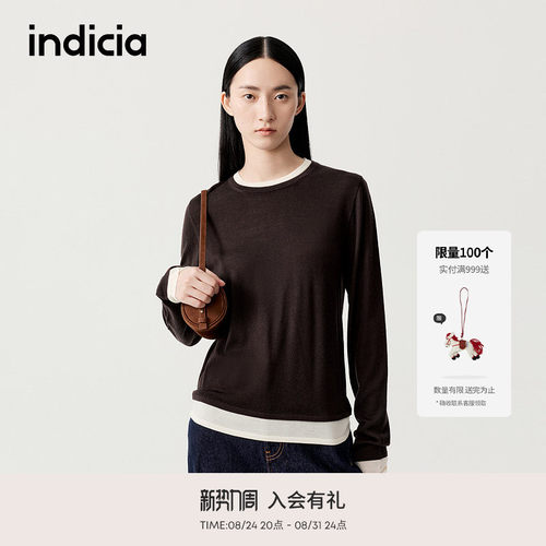indicia标记商场同款2025冬季新款设计感假两件撞色T恤F2D5TX560N