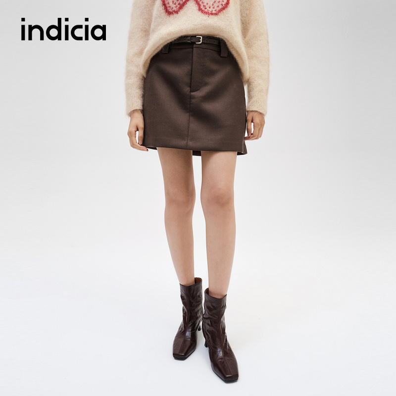 indicia标记简约百搭毛呢短裙