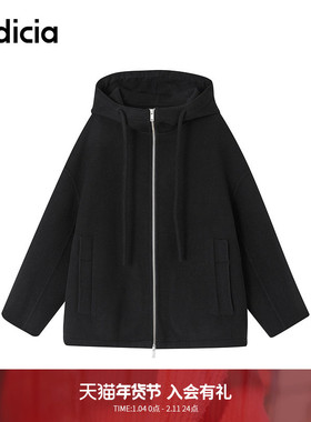 indicia标记松弛感100%绵羊毛连帽廓形拉链大衣黑外套F2D4DY687F