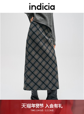 indicia标记商场同款冬季新款百搭格纹开叉优雅半身裙F2D4QZ775C