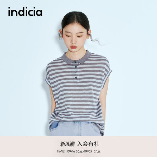indicia标记商场同款夏季新款无袖条纹简约经典polo衫F2B5ZZ216N