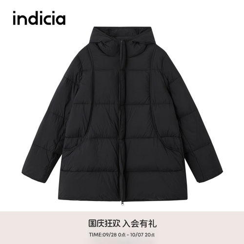 indicia标记冬季中长款黑色宽松保暖连帽白鸭绒羽绒服女FD5YR700N