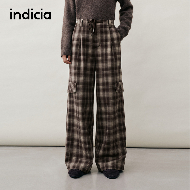 indicia标记2025冬季新款复古格纹高腰阔腿工装裤休闲裤L2D5KZ279