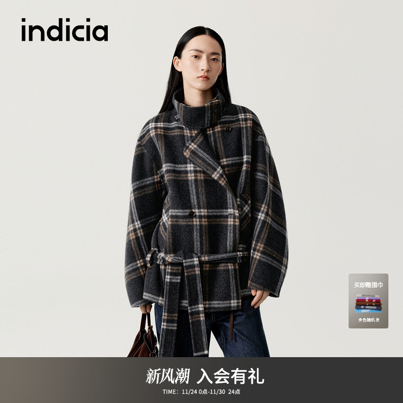 【秀场同款】indicia标记2025冬季新款复古格纹呢大衣 F2D5DY501F