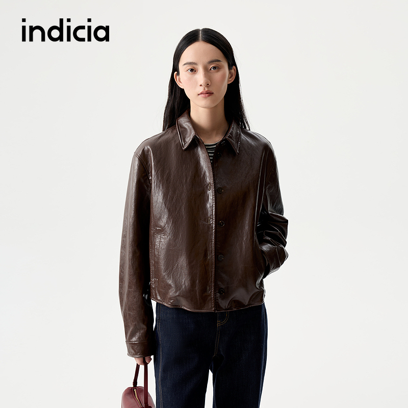 indicia标记25冬新款短款翻领皮衣明线车缝休闲夹克L2D5WT246
