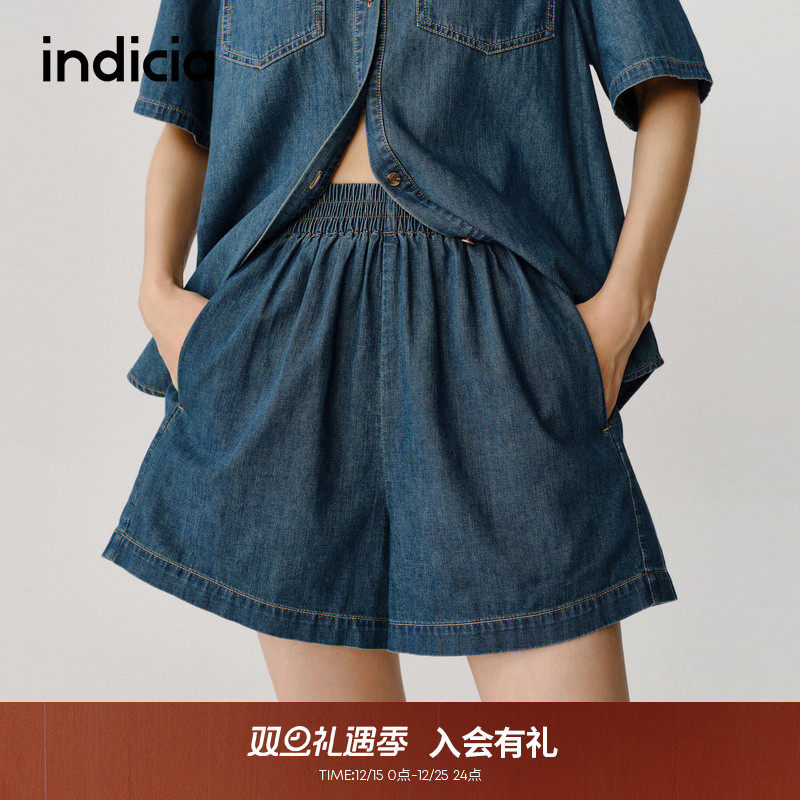 indicia短裤牛仔高腰松紧