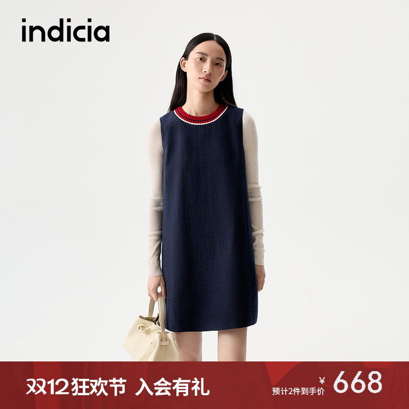 indicia标记2025冬季新款趣味撞色领口无袖层次感连衣裙L2D5LQ263