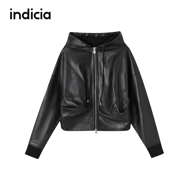 indicia标记商场同款连帽短款韩系复古小个子皮衣夹克F2D4PY762C