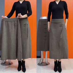 新中式国风盘扣羊毛针织半身裙冬季A字裙中长款垂感侧开叉直筒裙