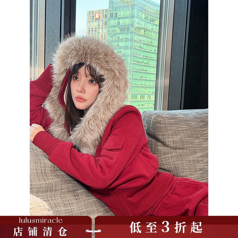 Lulusmiracle【红颜番茄】圣诞红色保暖显瘦连帽外套+工装裤套装