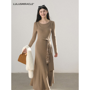 Lulusmiracle【温暖底色】李小璐同款春款圆领高腰修身显瘦连衣裙
