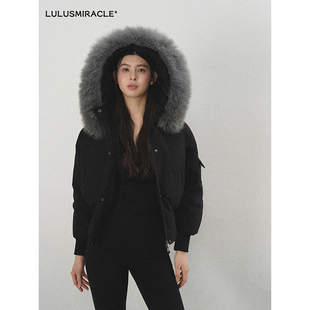 Lulusmiracle【漫步玛黑区】90绒保暖狐狸毛领连帽黑色羽绒服外套