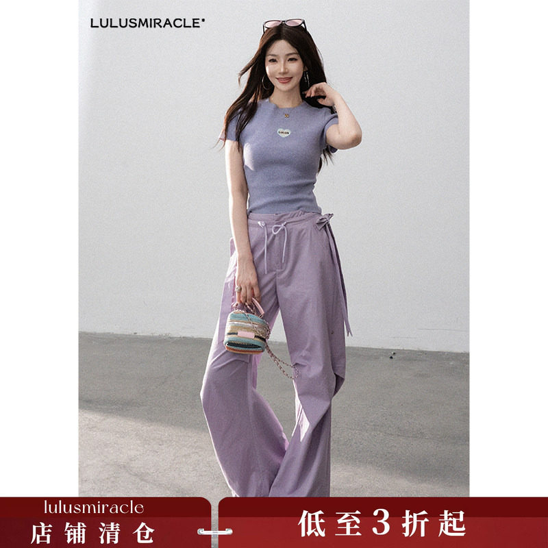 LulusMiracle【月下紫藤】复古辣妹正肩针织短袖工装裤多巴胺套装