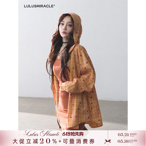LulusMiracle【枫林晚】慵懒感星星橙黄格纹垂感长袖连帽衬衫外套