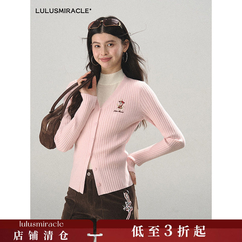 LulusMiracle【甜布利】甜美V领粉色针织开衫上衣女春季长袖毛衣