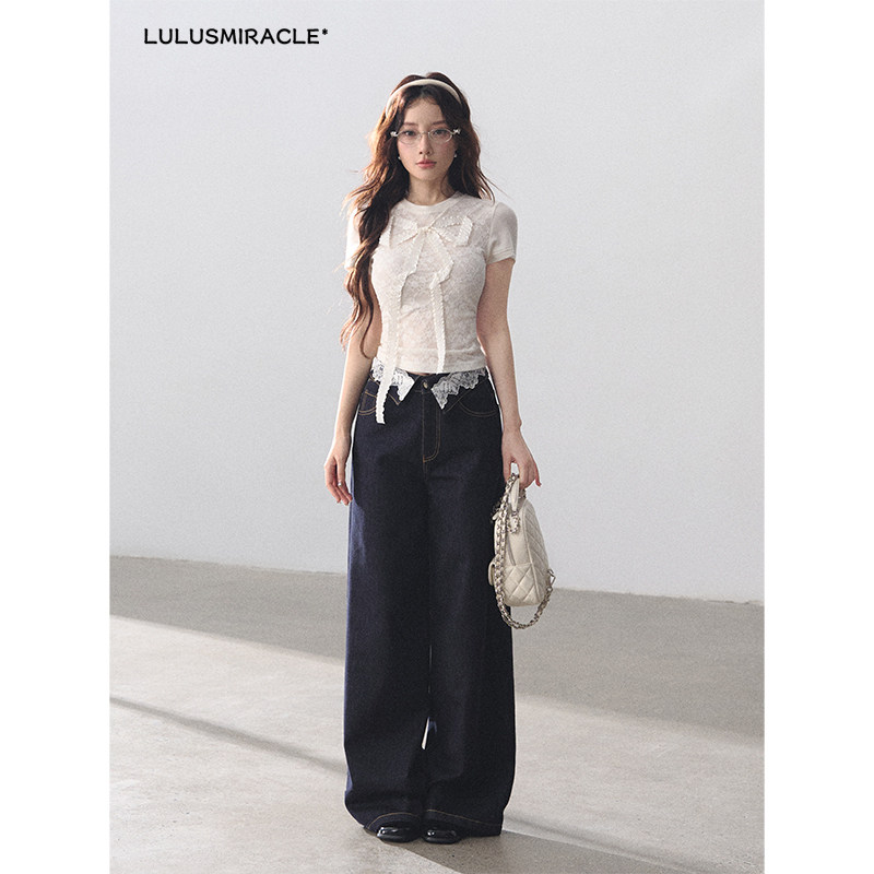 LulusMiracle【白茶仲夏】甜酷蝴蝶结蕾丝网纱短袖上衣牛仔裤套装