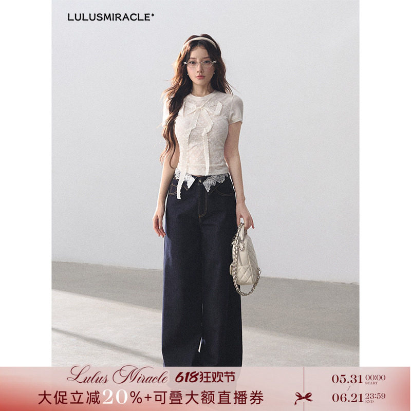 LulusMiracle【白茶仲夏】甜酷蝴蝶结蕾丝网纱短袖上衣牛仔裤套装
