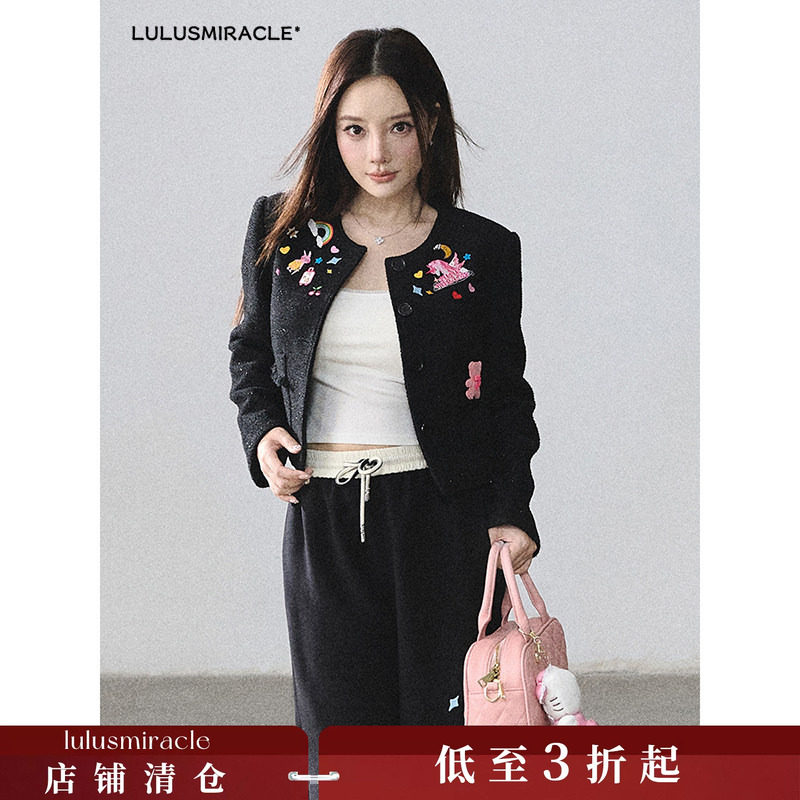 LulusMiracle【精灵工坊】手工绣花黑色小香风外套+休闲长裤套装