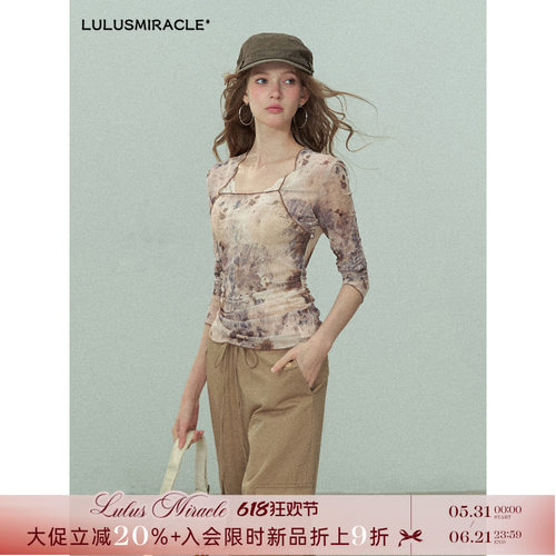 方领显瘦薄纱长袖氨纶复古风长袖