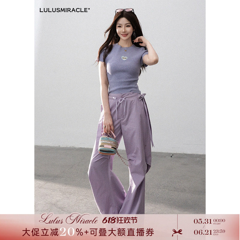 LulusMiracle【月下紫藤】复古辣妹正肩针织短袖工装裤多巴胺套装