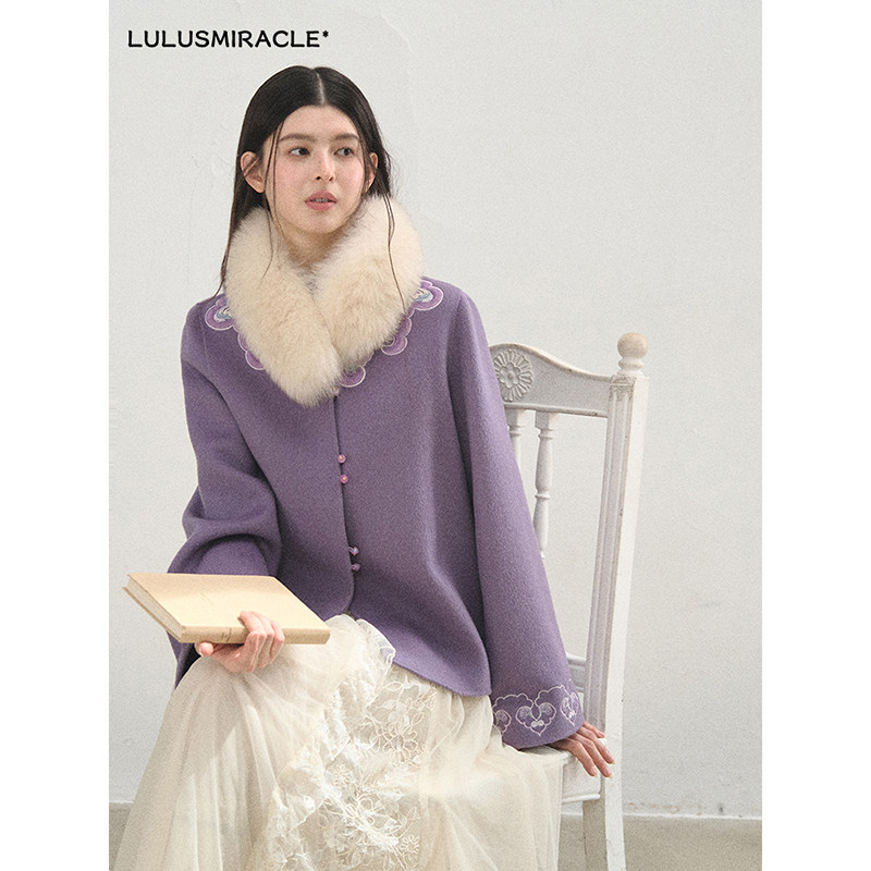 LulusMiracle【如意盏】100羊毛新中式双面呢外套女紫色毛呢大衣