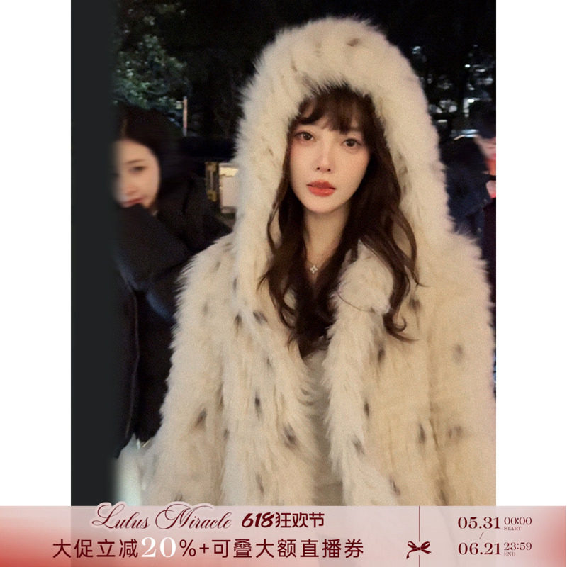 Lulusmiracle【雪域新贵】年轻版白色山猫纹真狐狸毛皮草外套女冬