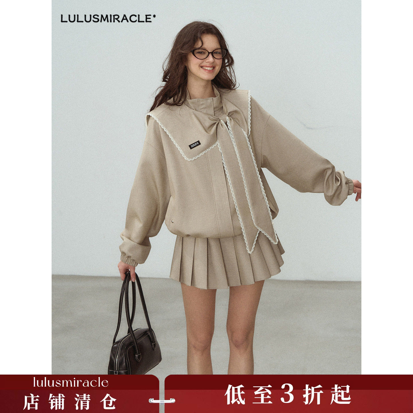 LulusMiracle【书卷预科生】复古夹克外套+蝴蝶结披肩+百褶裙套装