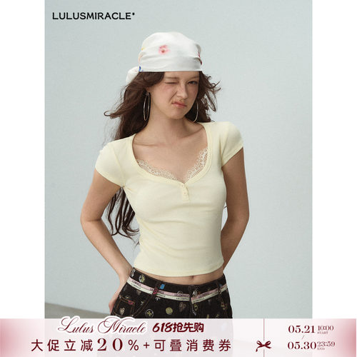 LulusMiracle【迎春T】甜辣风蕾丝花边拼接正肩短袖T恤女修身上衣