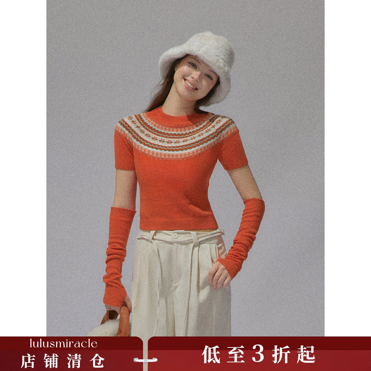Lulusmiracle【落日橘】费尔岛提花圆领针织衫女复古美拉德毛衣