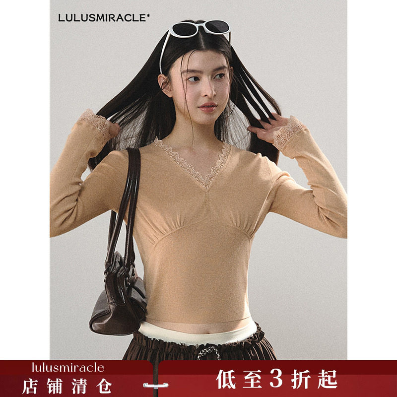 Lulusmiracle【舒芙蕾】V领蕾丝显瘦绵羊毛针织衫长袖上衣打底衫
