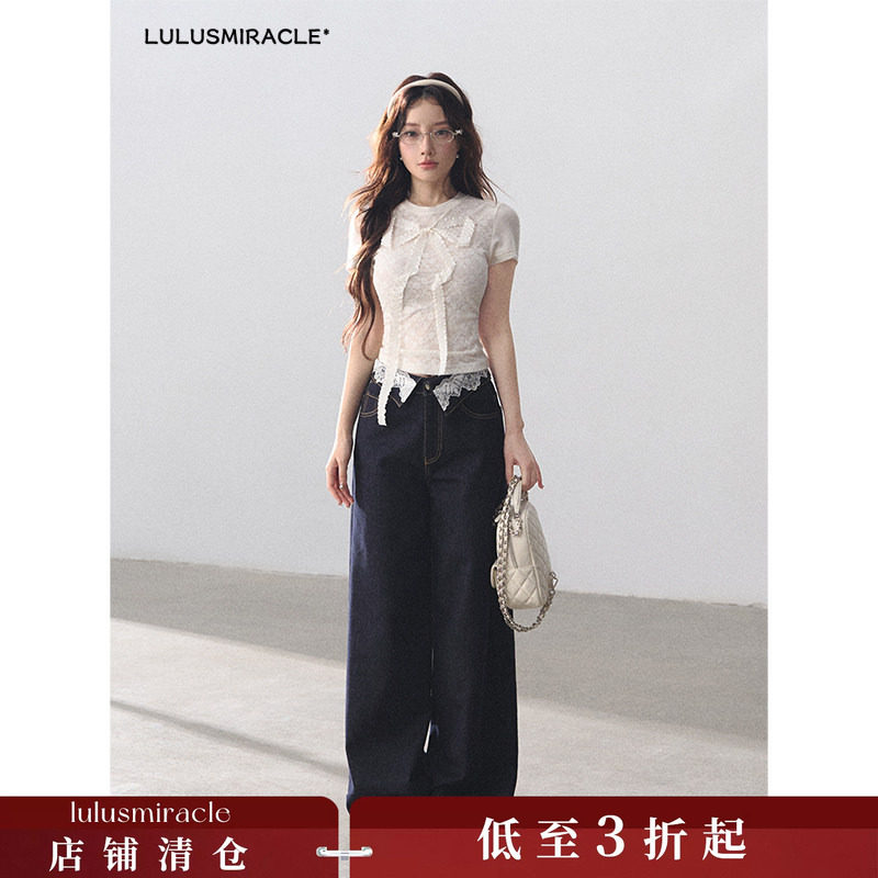 LulusMiracle【白茶仲夏】甜酷蝴蝶结蕾丝网纱短袖上衣牛仔裤套装